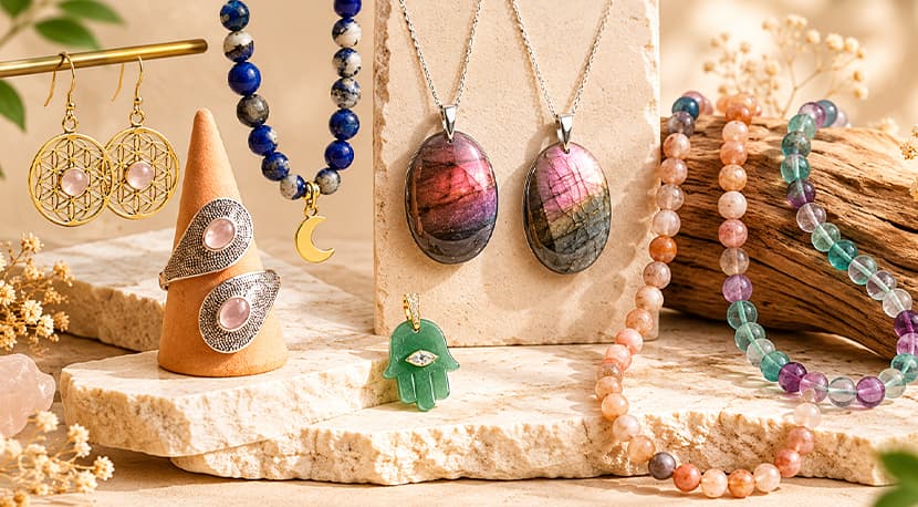 Ensemble composé d'une paire de boucles d'oreilles, d'une bague, de deux pendentifs et deux colliers