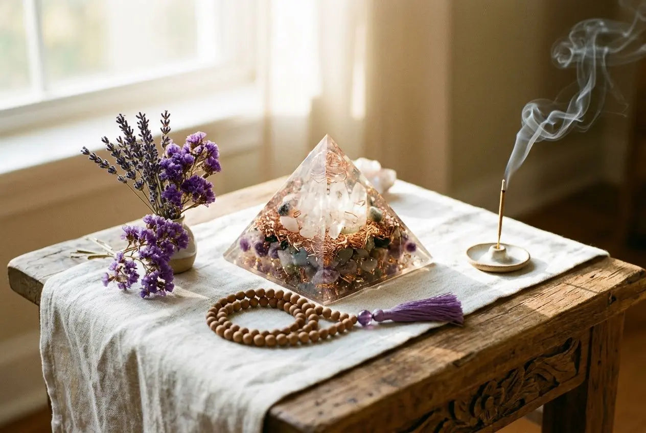 Orgonite posé sur une table basse avec un mala et de l'escen