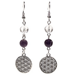 Boucles d’Oreilles Harmonie Divine - Cristal de Roche, Améthyste & Fleur de Vie - Univers tibet