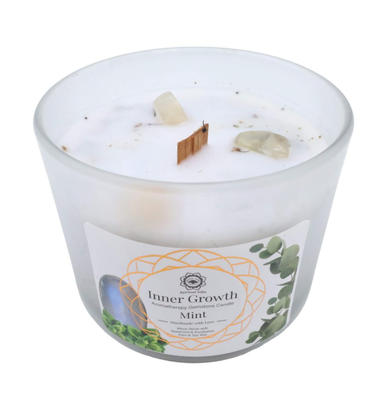 Bougie Green Tree “Croissance Intérieure” – Pierre de Lune & Menthe (256 g) - univers tibet