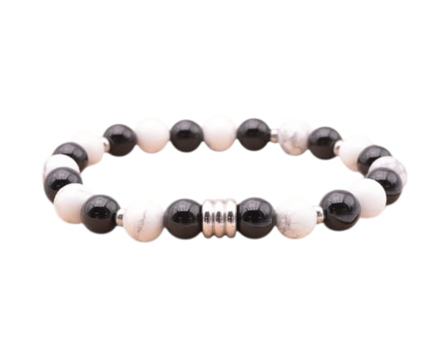 Armband Axis – Weißer Howlit, Onyx & Edelstahl - Tibetwelt