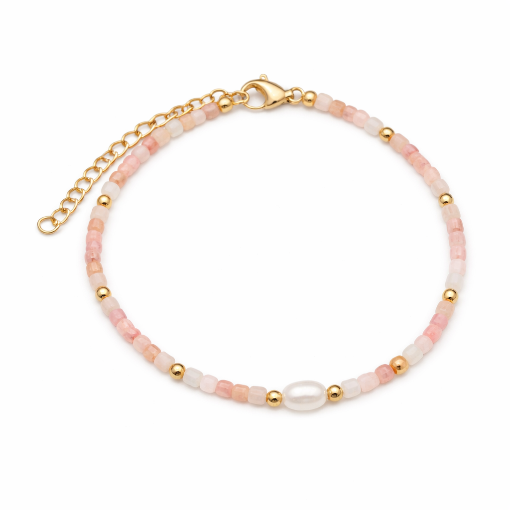 Armband „Sanftheit des Herzens“ – Rosafarbener Opal, Ros quarz, weißer Jade & Perle aus Süßwasser – Tibetwelt
