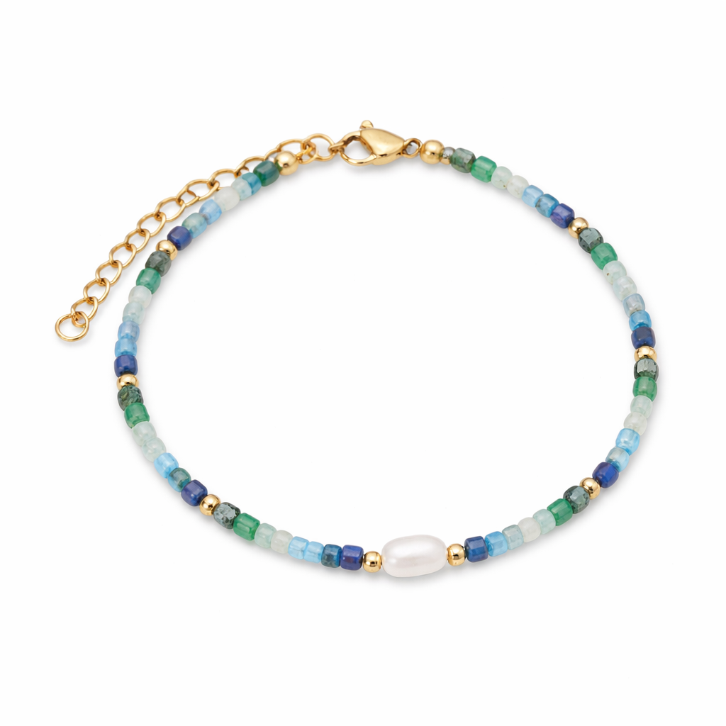 Bracelet Harmonie des Énergies – Apatite Bleue, Émeraude, Lapis Lazuli, rubis zoisite & Perle d’Eau Douce - univers tibet