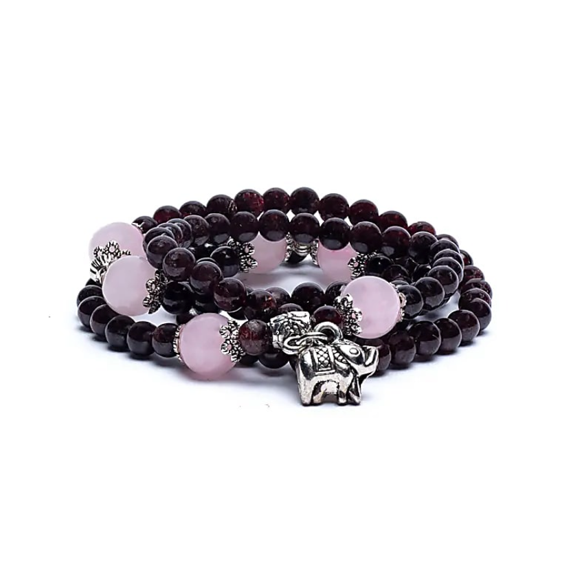 Bracelet Mala Force & Douceur – Grenat Rouge, Quartz Rose & Éléphant - Univers Tibet
