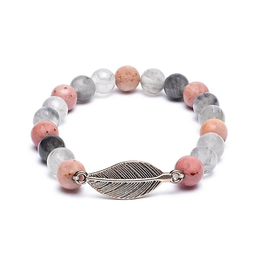 Rhodonite and Grey Quartz Harmony Feather Bracelet - Tibetan Universe