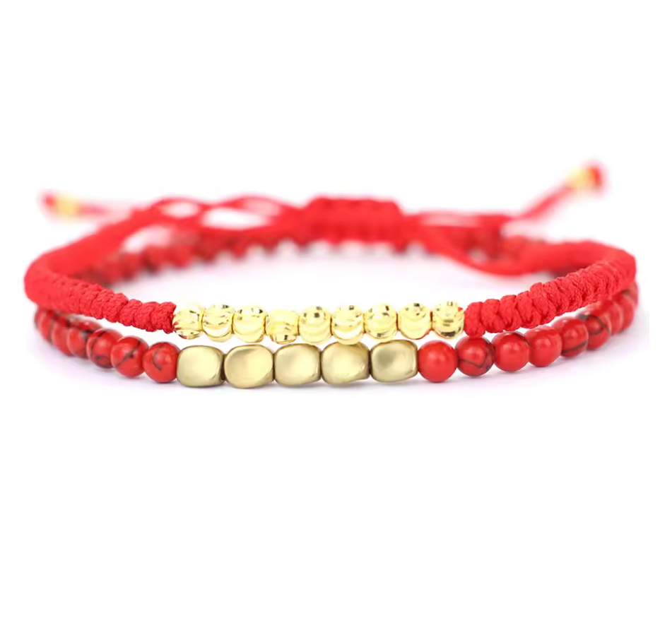 Bracelet Tibétain Duo Protection et Vitalité Cuivre Doré - Rouge - univers tibet