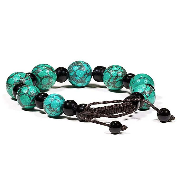 Tibetan Bracelet – Turquoise & Black Agate (Adjustable) - Universal Tibet