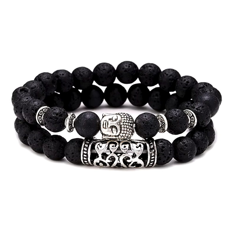 Pulseras tibetanas con dos Budas de piedra de lava - Mundo Tibet