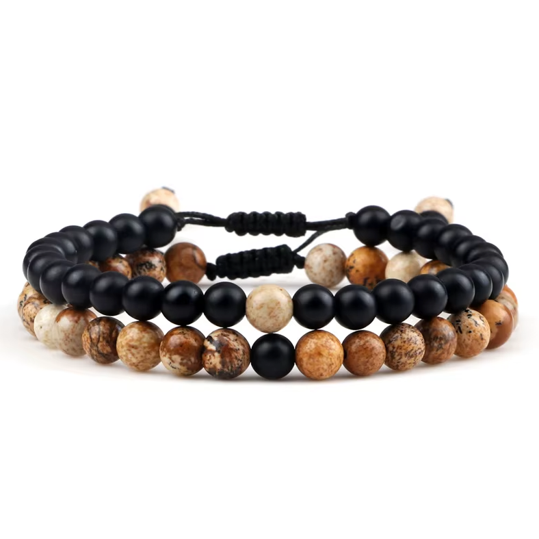 Bracelets Tibétains Duo : Onyx et Jaspe Brun - Univers TIbet