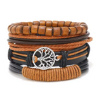 Set de 4 Bracelets Arbre de Vie en bois, cuir synthétique et corde tressée