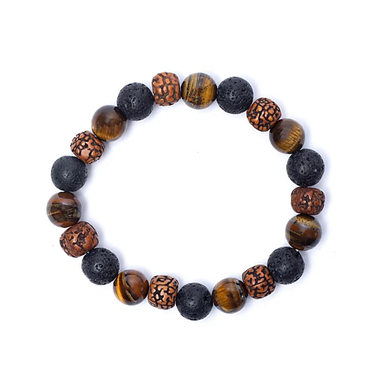Armband zur inneren Stärke aus Rudraksha, Tigerauge und Lavastein 