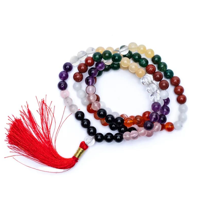 Mala en perles colorées à 108 perles, bracelet de 9 planètes, avec un pompon rouge et énergies harmoniques.
