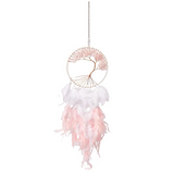 Attrape-rêves Arbre de Vie en quartz rose, cercle doré avec arbre rosé et plumes roses et blanches suspendues.
