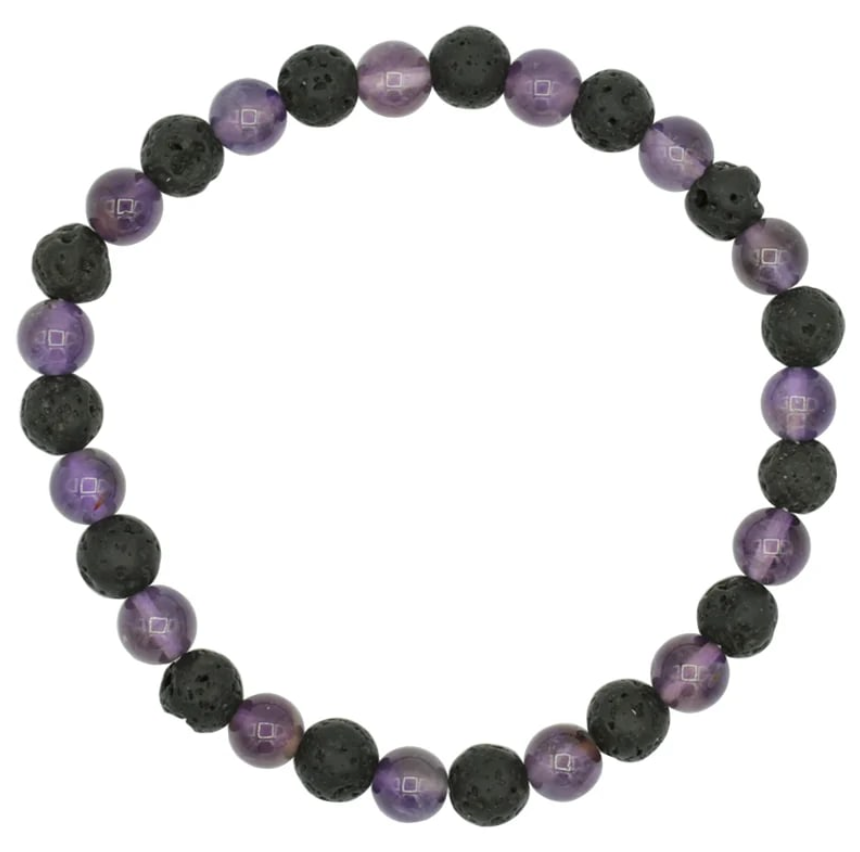 Bracelet Equilibre: perles d’améthyste violettes alternant avec pierres de lave noires, ensemble rond et élégant.