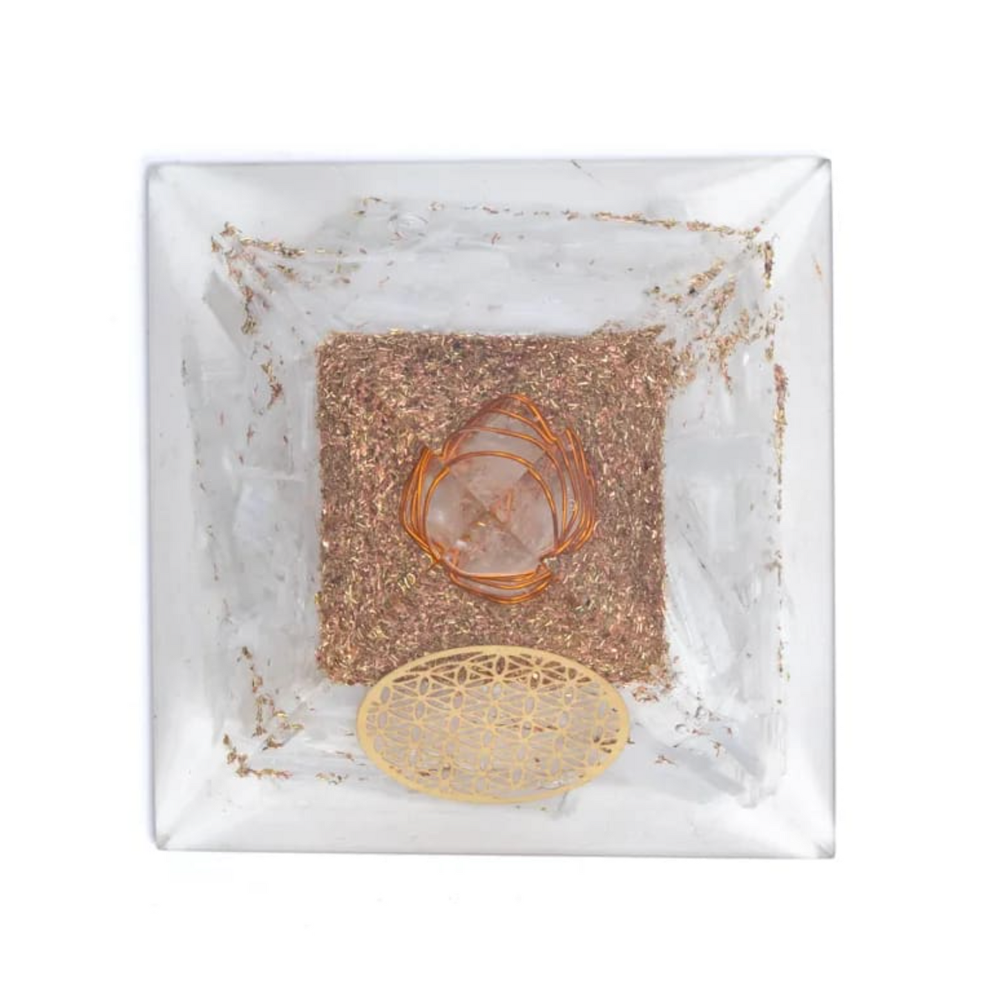 Orgonite Pure Lumière Sélénite - Fleur de Vie: plaque blanche avec poussières dorées, cercle en cuivre et motifs Fleur de Vie sur le support.