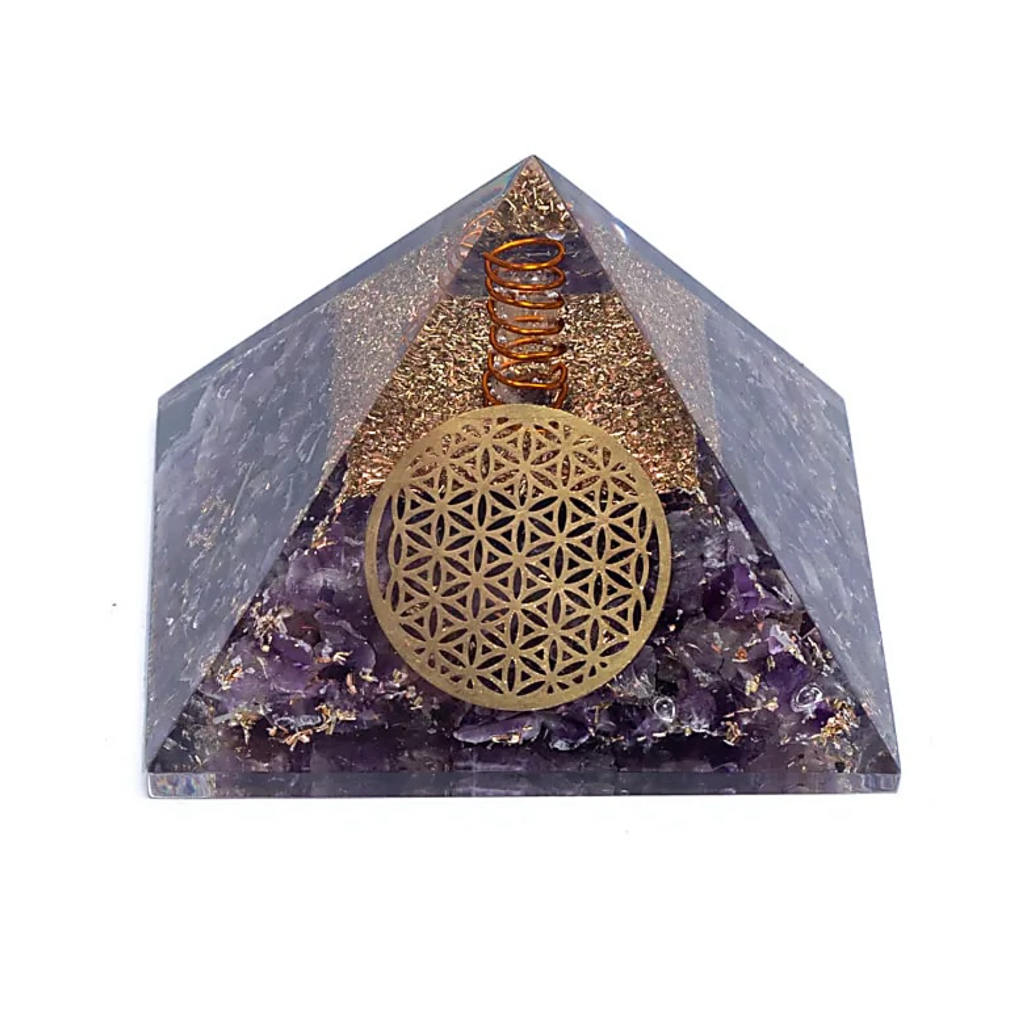 Orgonite Harmonie Céleste Améthyste – Fleur de Vie sur socle pyramidale en améthyste avec motif doré rond, spirale et éclats scintillants.