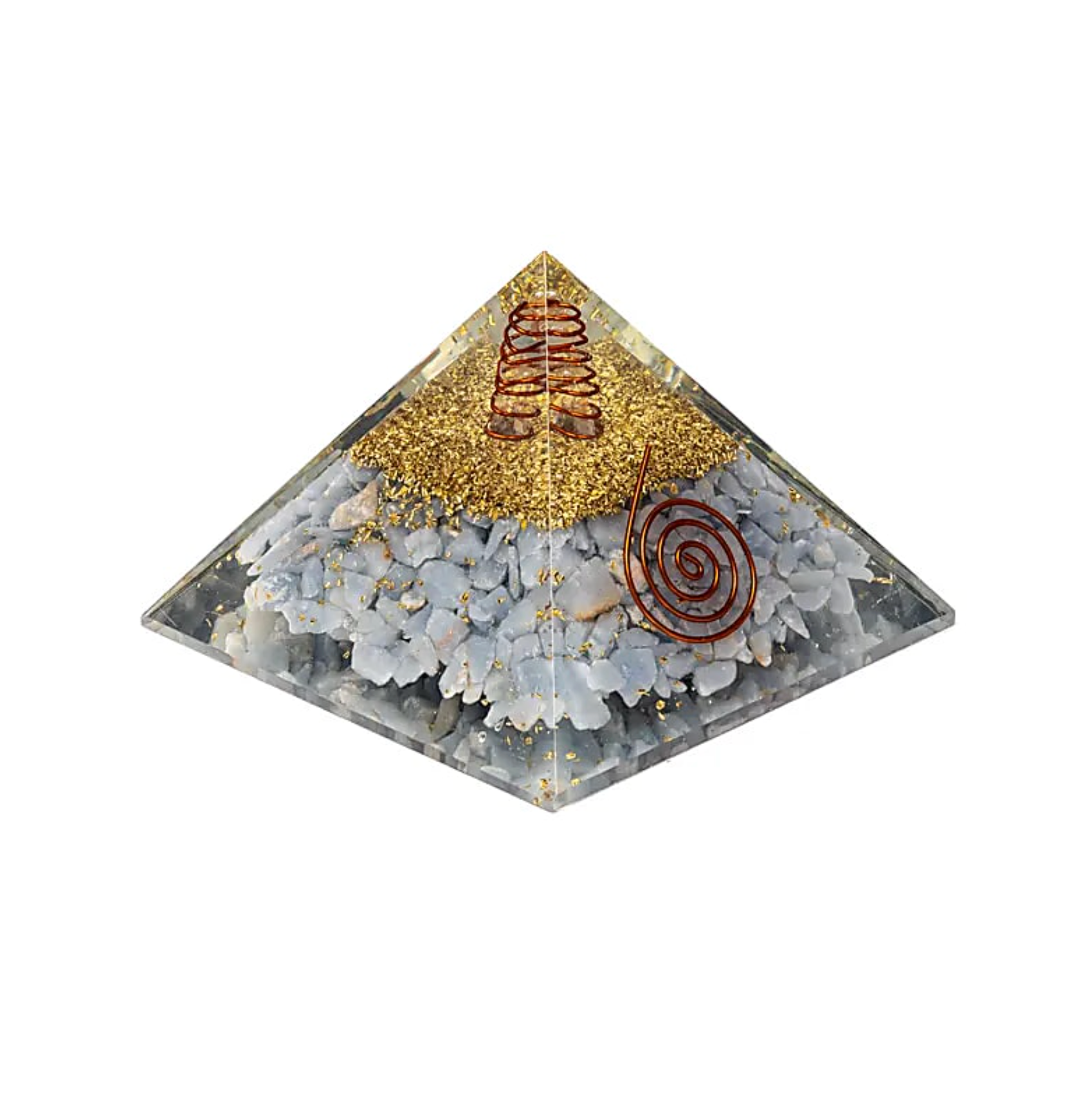 Orgonite Ailes Célestes Angélite, pyramide décorative avec éclats dorés et spirales rouges au centre.