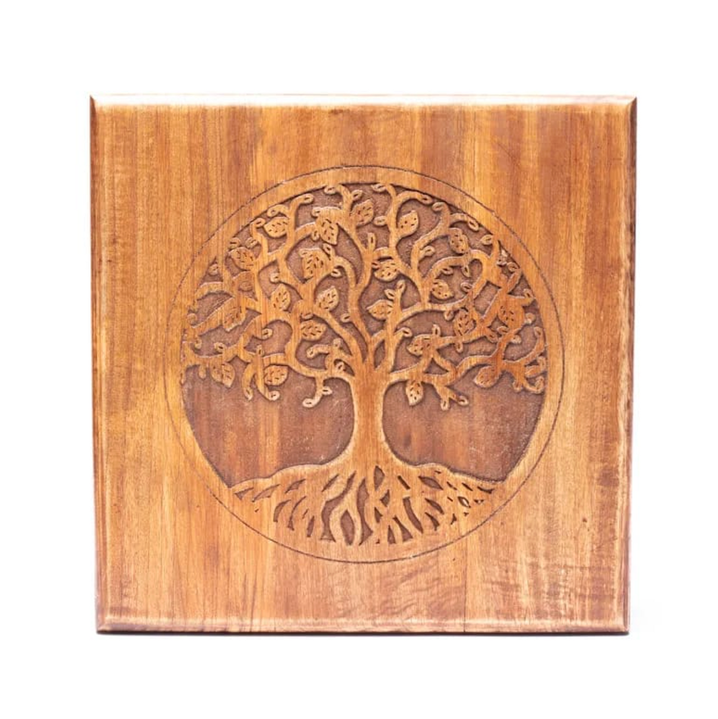 Table arbre de vie en acacia gravé sur bois, motif circulaireTree of life finement sculpté.