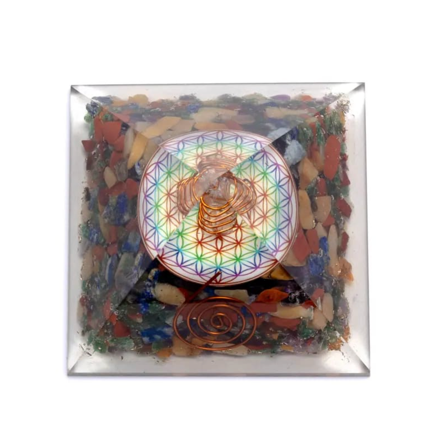 Orgonite 7 Chakras – Fleur de Vie et Cristal de Roche: cercle central avec motifs fleurs de vie multicolores, spiral copper wires et pierres colorées autour dans un cadre.