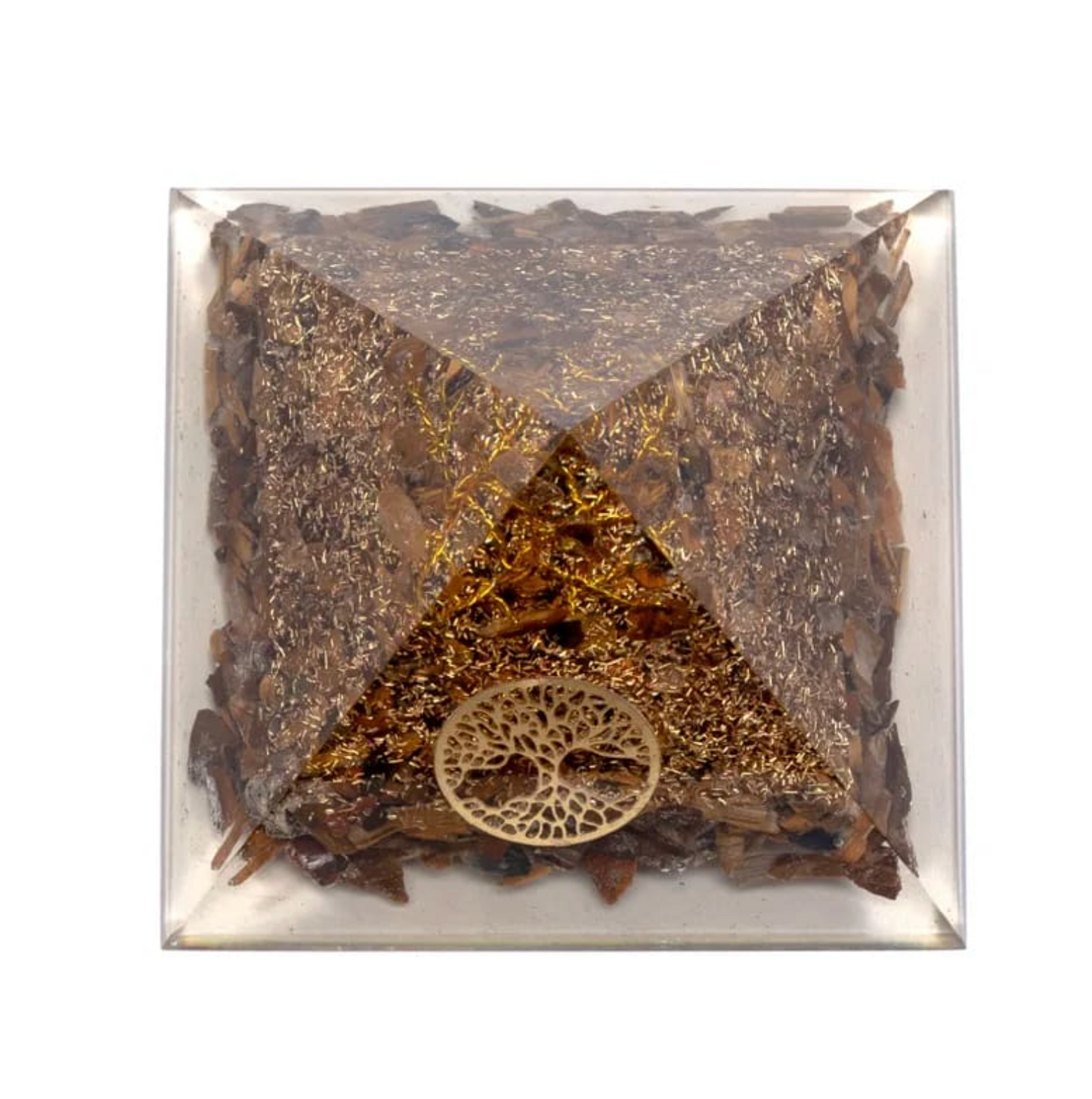 Orgonite Œil de Tigre – Arbre de Vie et Protection Énergétique, galet triangulaire doré et gravures en bois dans un cadre clair.