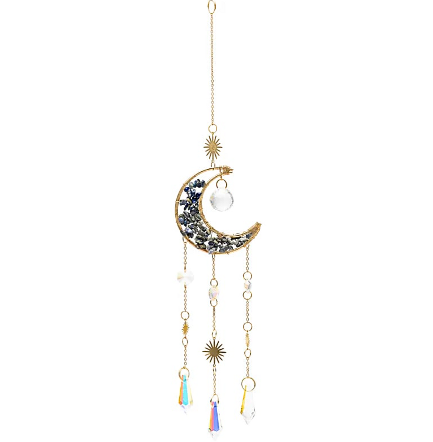 Attrape-Soleil Lune Lapis Lazuli et Cristal – pendentif doré en forme de croissant avec pierres bleues et cristal, chaînes suspendues et perles scintillantes.