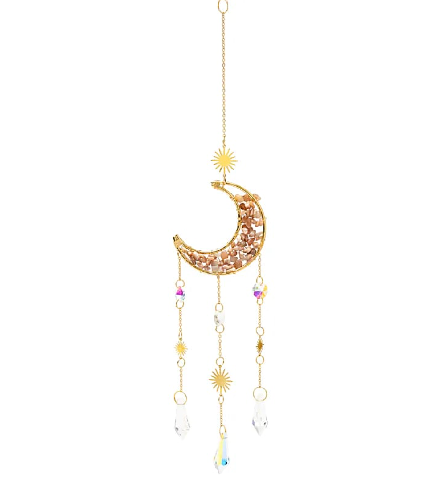 Attrape-Soleil Lune Pierre de Lune Rose – féminité et harmonie intérieure: pendentif en lune dorée remplie de pierres roses, chaîne délicate et perles suspendues.