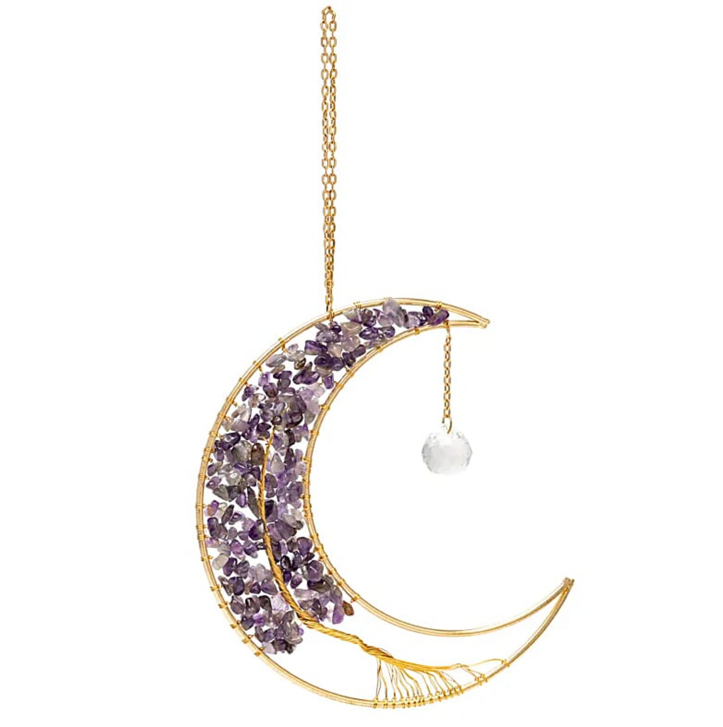 Attrape-Soleil Lune en croissant doré garnie d’améthystes violettes et pendentif cristal, suspendue par une chaîne.
