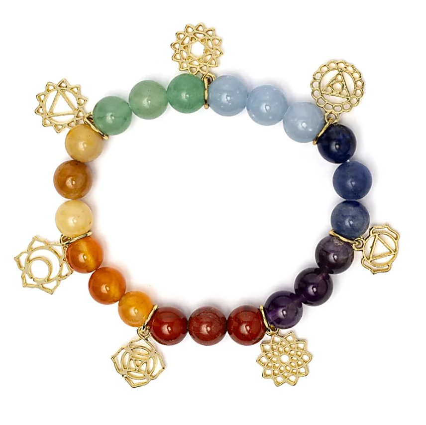 Bracelet multicolore en perles, avec breloques fleurs dorées et breloques mantras, accessoires chakras. Bracelet 7 Chakras avec Breloques Bīja Mantras