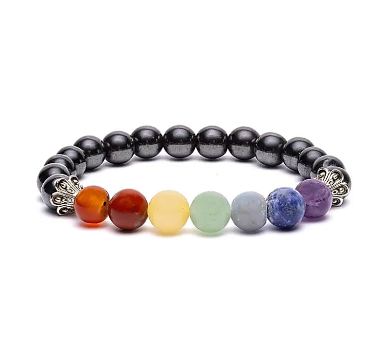 7-Chakra-Armband mit Achat-, Kristall- und Hämatitperlen