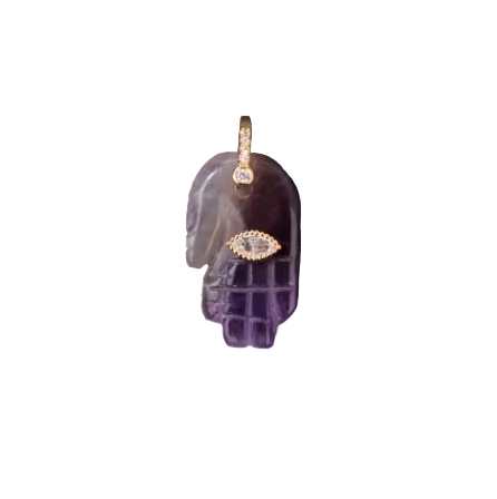 Pendentif Main de Fatma Bouddhiste en Améthyste avec petite pierre et anneau doré.