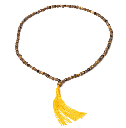 Mala Schutz & Weisheit aus Tigerauge und Tulsi-Holz – 108 Perlen