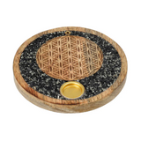 Flower of Life incense holder in mango wood, tourmaline, and pyrite
