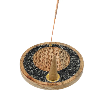 Flower of Life incense holder in mango wood, tourmaline, and pyrite