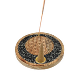 Flower of Life incense holder in mango wood, tourmaline, and pyrite