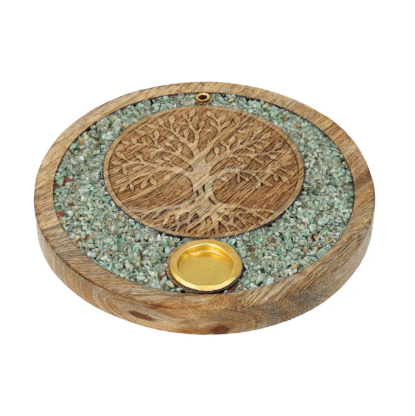 Porte-encens Arbre de Vie en bois de manguier et amazonite