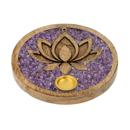 Porte-encens Fleur de Lotus en bois de manguier et améthyste