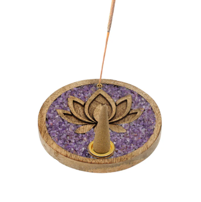 Porte-encens Fleur de Lotus en bois de manguier et améthyste