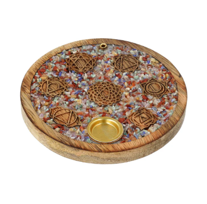 Porte-encens 7 Chakras en bois de Manguier et Pierres de Chakras mélangées
