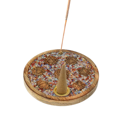 Porte-encens 7 Chakras en bois de Manguier et Pierres de Chakras mélangées