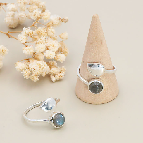 Schutzring „Blatt“ aus Labradorit AA & Sterlingsilber 925