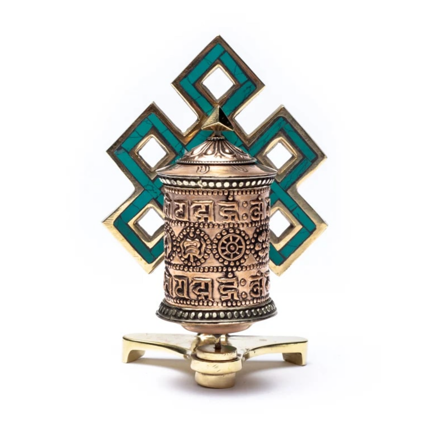 Tibetan Prayer Wheel in Copper - Endless Knot and Om Mani Padme Hum Mantra