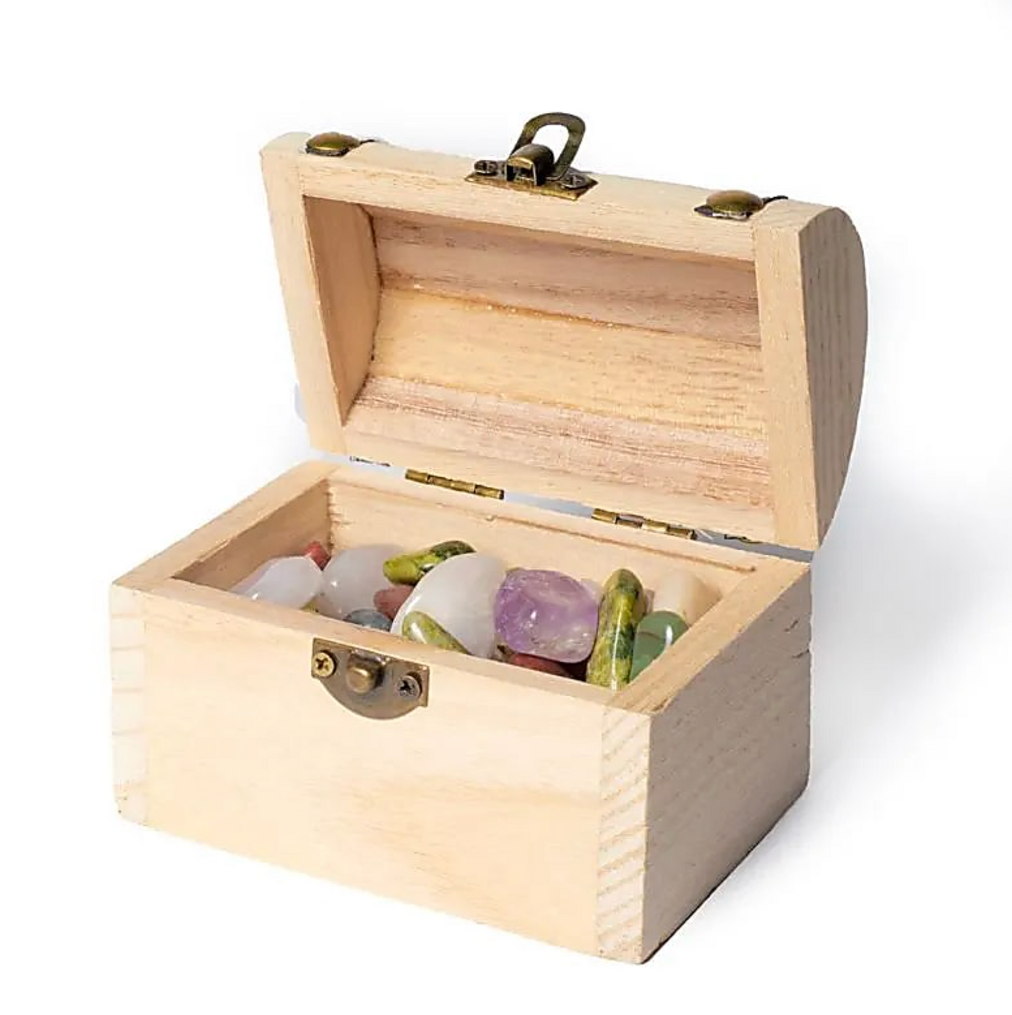 Coffret Trésor Minéral – 200 g de Pierres Naturelles: boîte en bois ouverte montrant des pierres polies multicolores à l’intérieur.