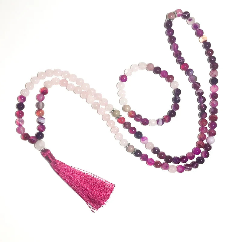 mala tibétain quartz rose, agate et rhodochrosite - Univers Tibet