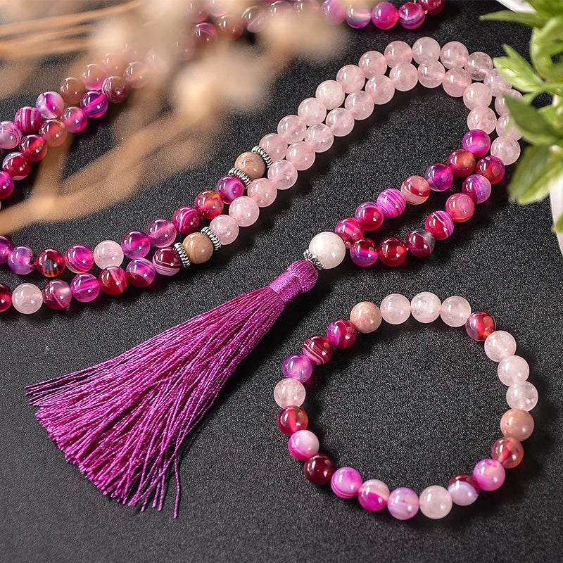 Mala et bracelet Quartz Rose - Agate et Rhodochrosite