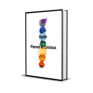 Couverture du guide des pierres et cristaux avec comme image de fond une rangée de pierres multicolores