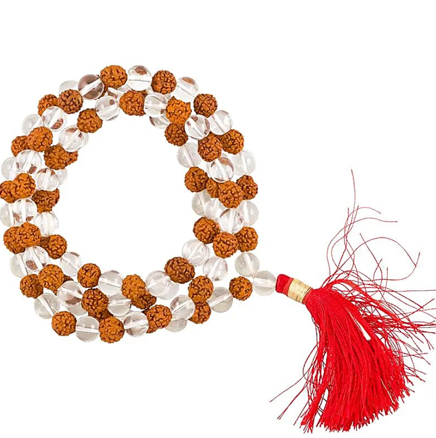 Collar Mala de 108 cuentas de Rudraksha y cristal de roca AA – Pureza, protección y elevación - Mundo Tibet