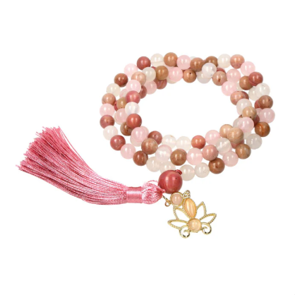 Mala Lotus Harmonie du Cœur en Rhodonite, Quartz Rose et Agate Blanche – 108 Perles - univers tibet