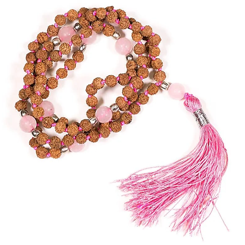 Tibetanischer Mala aus Rosenquarz und Rudraksha - Tibetwelt