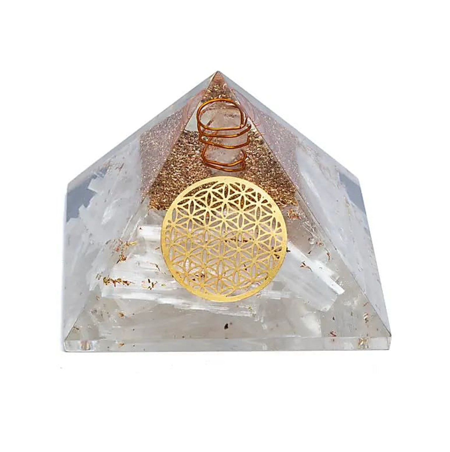 Orgonite Pyramid Pure Light in Selenite & Flower of Life Symbol - Tibetan Universe