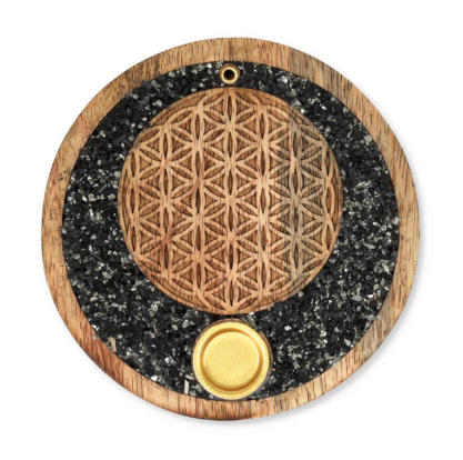 Porte-encens Fleur de Vie en bois de manguier, tourmaline et pyrite - univers tibet